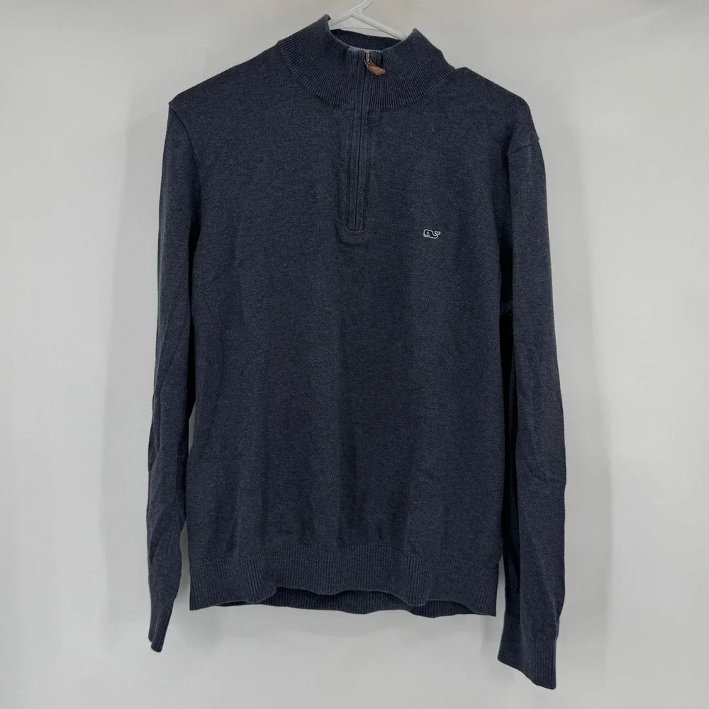 Vineyard Vines Quarter Zip Pullover Sweater Mens Medium Blue Cotton Ribbed Logo